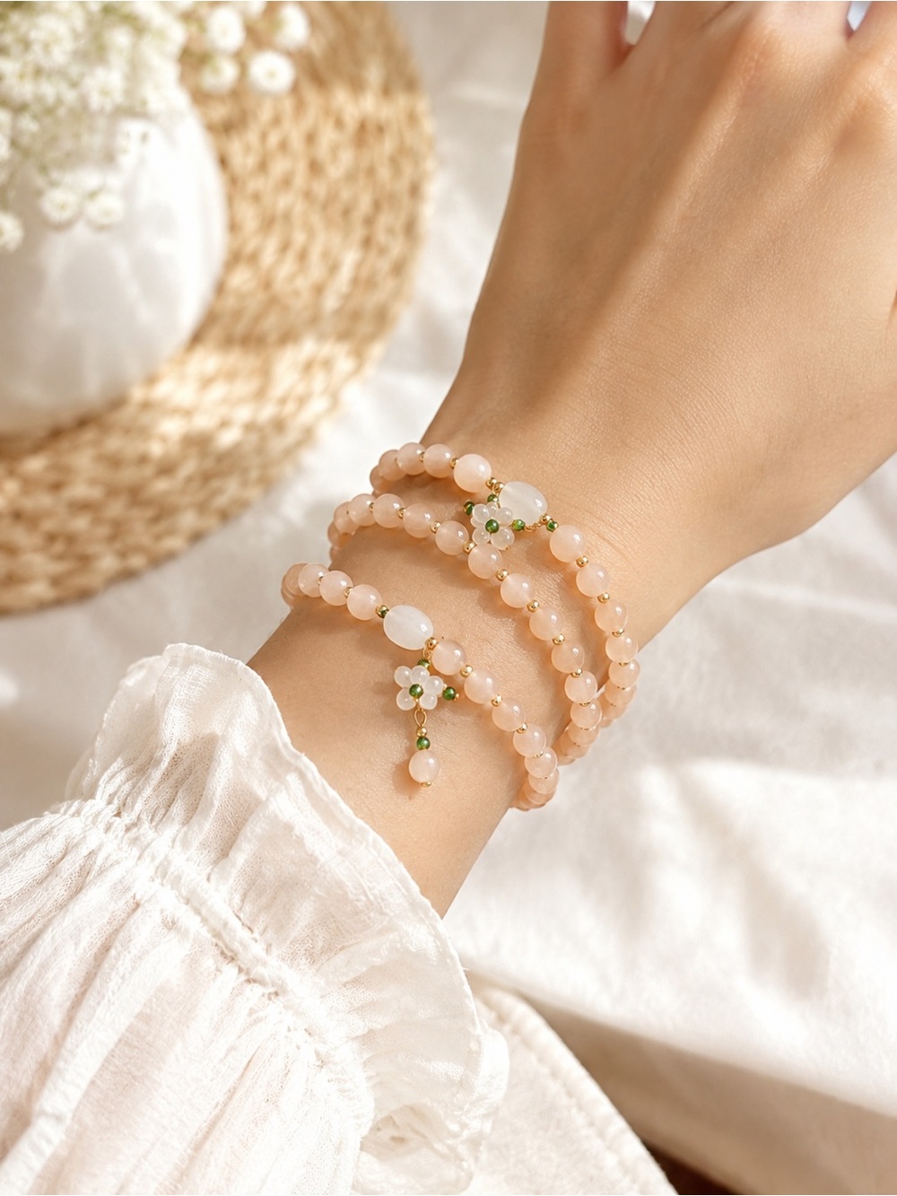 Set of 3 Pink Beaded Stretch Bracelets with Gold Accents